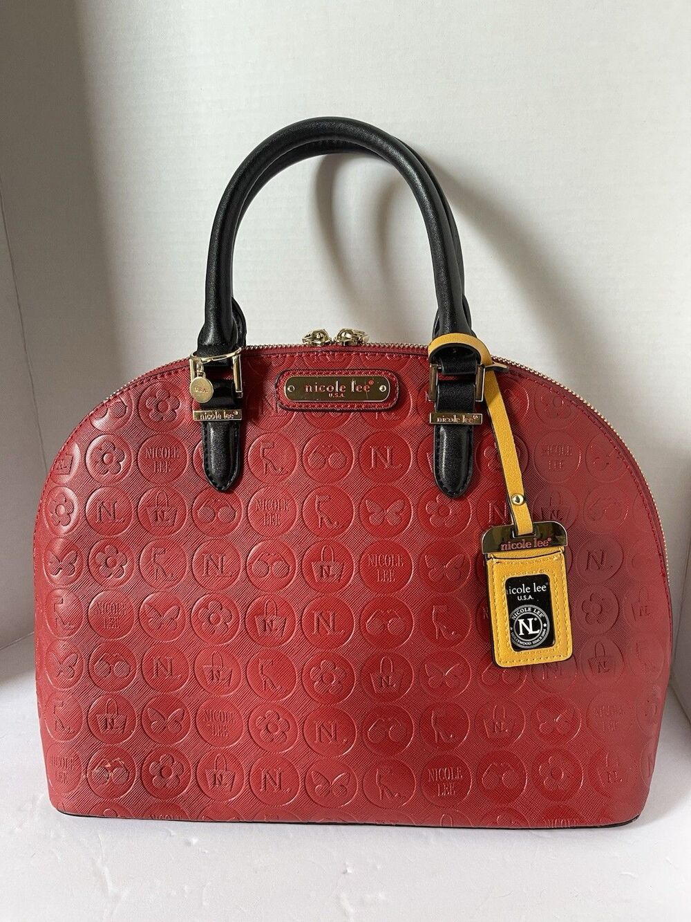 Nicole Lee Handbag Purse Red Ezra Monogram Bag Black Handles Dome